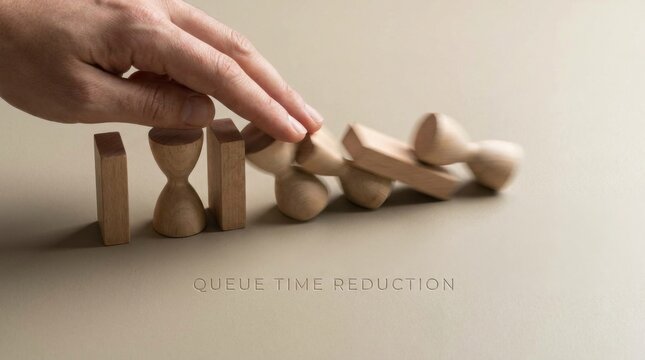 Individual arranging wooden blocks in a row representing queue time reduction and systematic organization