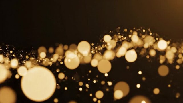 Abstract golden bokeh lights and particles on a dark background