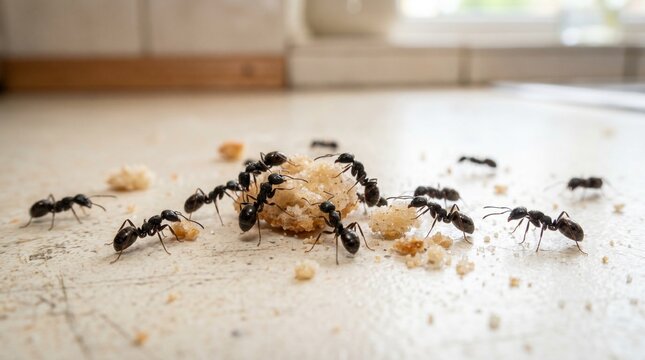 Ants swarming on food crumbs a close up view of insect activity