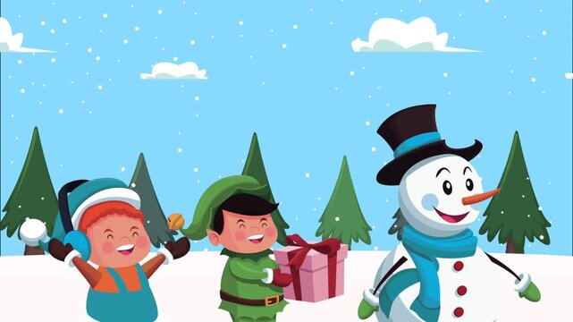 Christmas animation with happy elf boys and snowman in snowy pine tree landscape at winter time.