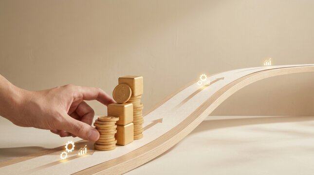 Individual placing coins on a wooden ladder representing steps towards financial growth and customer lifetime value increase