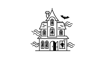 Obraz premium Spooky Haunted House with Bat and Wavy Lines - Minimalist Line Art