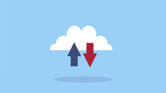 Cloud computing animation featuring upload and download arrows on blue background for data storage technology concepts.