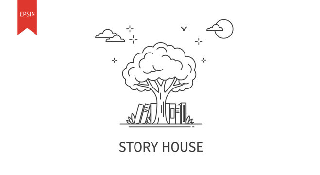 Story House Tree with Books Logo, Knowledge, Imagination, Education, Creativity, Nature