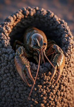 Freshwater crayfish peeks out from its mud chimney burrow at sunset.