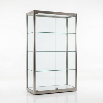 Single glass trophy case without trophies sleek metal minimalistic interior display professional photography setup