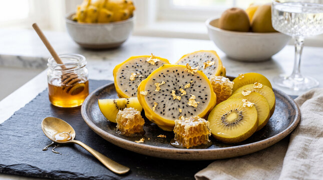 Sliced yellow pitaya and gold kiwifruit with edible gold leaf elegant tropical fruit photography composition