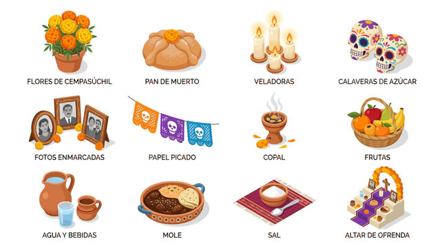 An isometric illustration pack of detailed skulls and Day of the Dead offerings including flowers, food, and decorations.