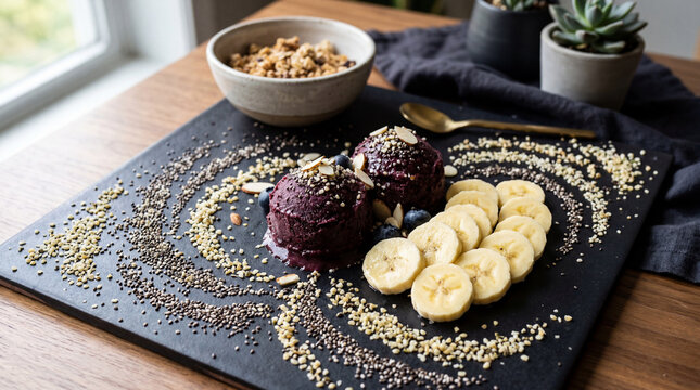 Freshly scooped acai pulp with banana coins on matte black plate photographed for Instagram-worthy smoothie bowl