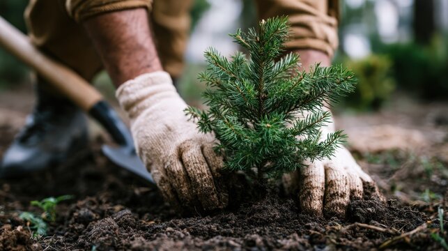 Environmental sustainability action with person planting tree in green public park