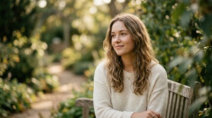 Obraz premium A young woman with long, wavy hair sitting on a wooden bench in a lush, green garden, surrounded by trees and bushes.