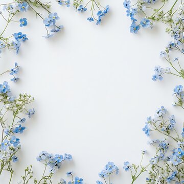Delicate Blue Forget-Me-Not Flowers Frame a White Background.