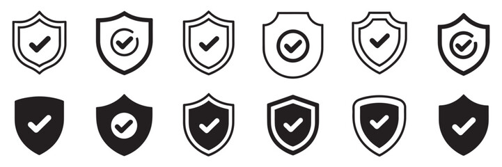Security shield icon set artwork featuring protective shields, verified check marks, lock symbols, safety assurance graphics, and minimalist vector illustration style © Ayat0002