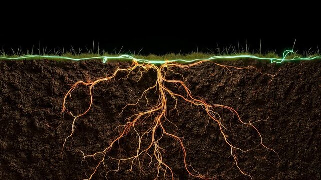 Electricity flowing through soil and grass at night with bright yellow lightning
