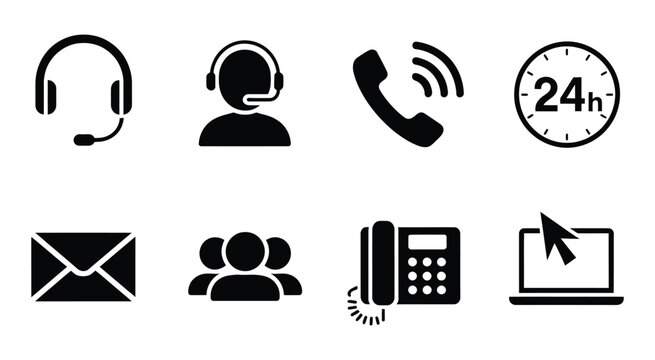Customer service vector icon collection with black flat support elements including call center, chat, and assistance graphics