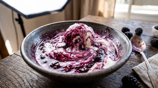 Blackberry ripple ice cream melting into chaotic swirl decadent dessert professional macro food photography
