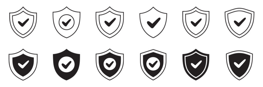 Security shield icon set artwork featuring protective shields, verified check marks, lock symbols, safety assurance graphics, and minimalist vector illustration style