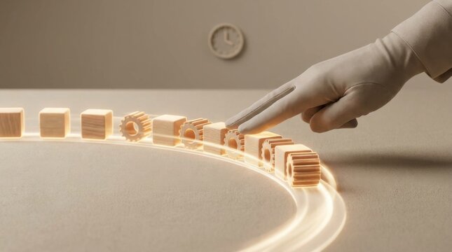 Hand touching a wooden block with a glowing light in a metaphorical representation of queue time reduction and insight