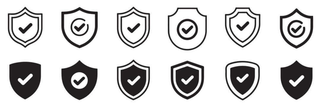 Security shield icon set artwork featuring protective shields, verified check marks, lock symbols, safety assurance graphics, and minimalist vector illustration style