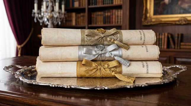Stack of three rolled scrolls with alternating gold and silver bands elegant historical document photography style