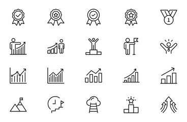 Fototapeta premium Growth and Success Line Icon Set for Achievement, Business Progress, Leadership, Profit, Career Development and Goal Reaching Outline Vector Collection
