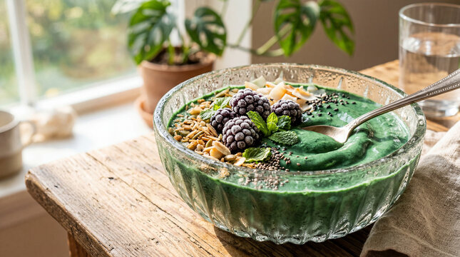 Emerald green spirulina smoothie bowl featuring frozen blueberries and superfoods vibrant healthy breakfast photography style