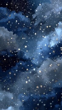 Whimsical cartoon starry night sky with twinkling stars in deep blue and dark gray, soft glowing light casting subtle shadows, dreamy magical playful atmosphere evoking childlike imagination and joy