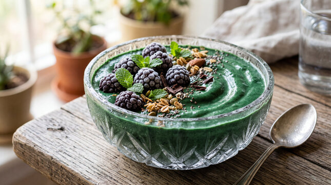 Emerald green spirulina smoothie bowl with frozen blueberries and artistic toppings captured for wellness food photography