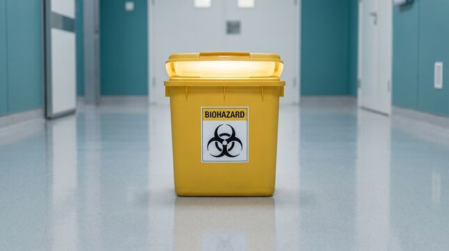 Yellow biohazard waste container in clean indoor medical facility