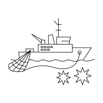 Minesweeper ship icon naval mines and fishing net outline vector illustration.Editable stroke, Vector illustration, Line art Icon, Symbols.