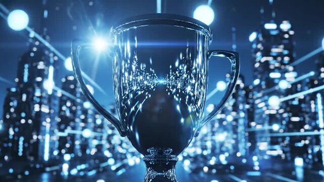 A gleaming trophy stands against a futuristic city skyline at night