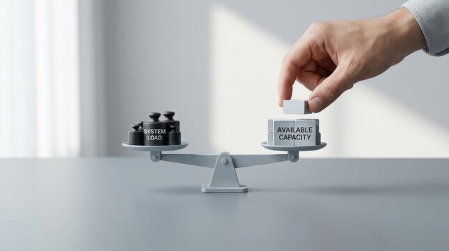 Person's hand holding a small scale to illustrate the concept of demand capacity balance in resource management and analysis