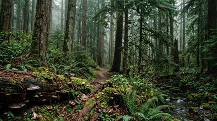 Obraz premium A misty forest path leading through a dense, green forest with a small stream flowing through the underbrush.