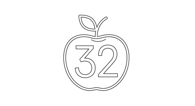 Outline Apple with Number 32 Inside, Simple Graphic Design, Education Concept