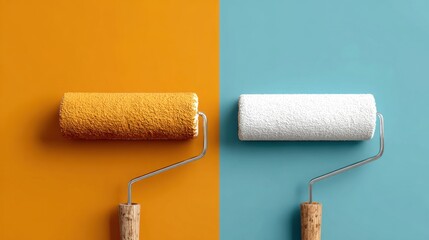 Fototapeta premium Two paint rollers positioned side by side with one covered in vibrant orange paint and the other in crisp white against contrasting color-split background showcasing