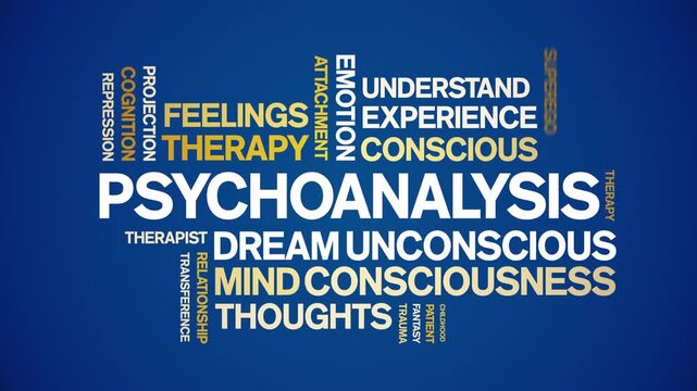 Psychoanalysis animated word cloud-text design animation tag kinetic typography seamless loop.