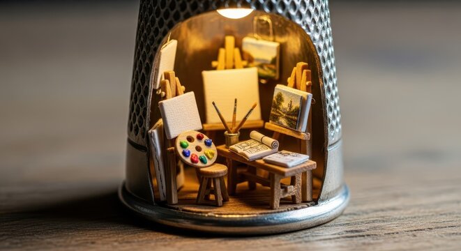 Miniature art  is creatively housed inside a metal thimble illuminated by a warm light.