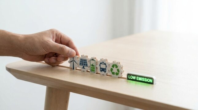 Hand carefully placing blocks with green icon to represent emission reduction coordination and environmental efforts
