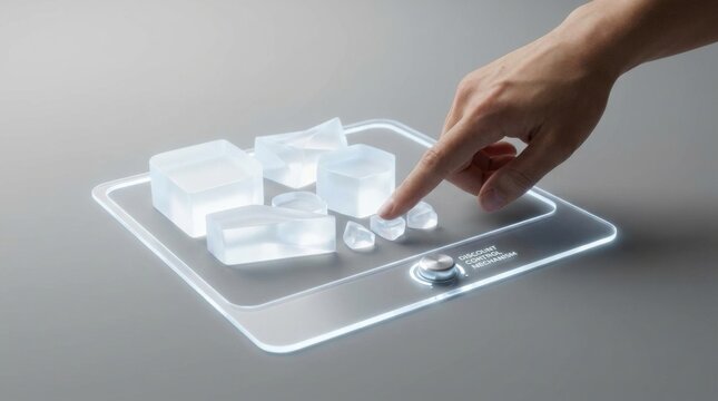 Person's hand touching a block of ice on a digital scale representing discount control mechanism metaphor concept