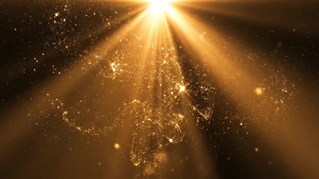 Golden light beams illuminate sparkling particles in darkness