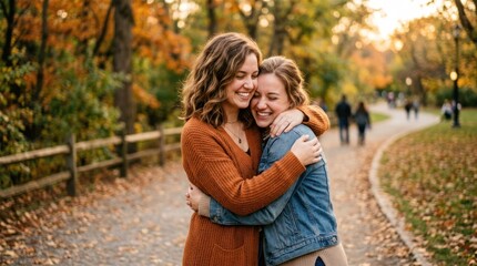 Fototapeta premium Two women embracing in a park during autumn, surrounded by colorful leaves.