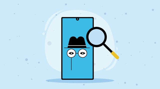 Animated smartphone detective wearing hat and glasses with magnifying glass exploring privacy concerns motion footage.