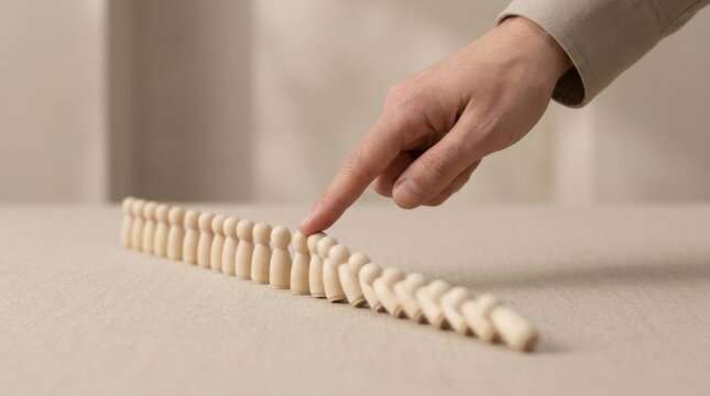 Hand reaching over a row of wooden pegs symbolizing queue time reduction and efficient processes in life