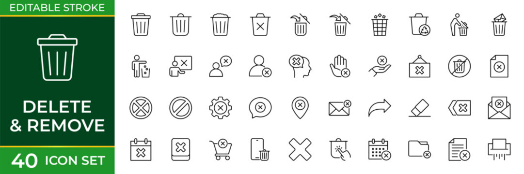 Delete and Remove Line Icon Set for Trash, Recycle Bin, File Deletion, Cleanup and Data Management Outline Vector Collection