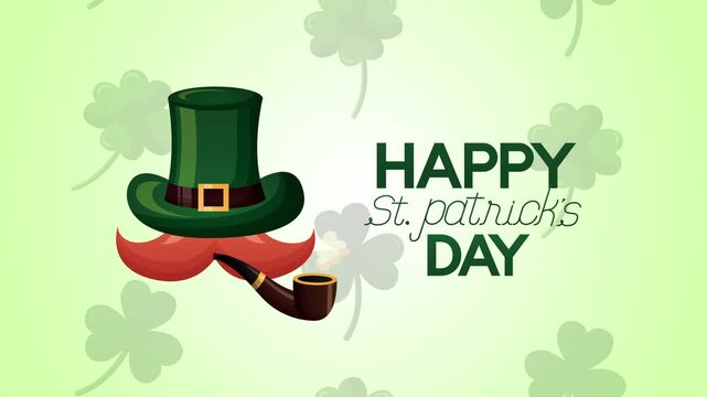 Happy Saint Patrick Day motion animation with leprechaun hat red mustache and smoking pipe over shamrock pattern.