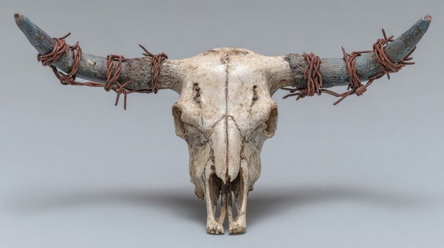 Longhorn skull with extra wide horns wrapped in barbed wire on white background, detailed rustic cattle head, western decor and ranch animal concept, realistic isolated skull illustration for design