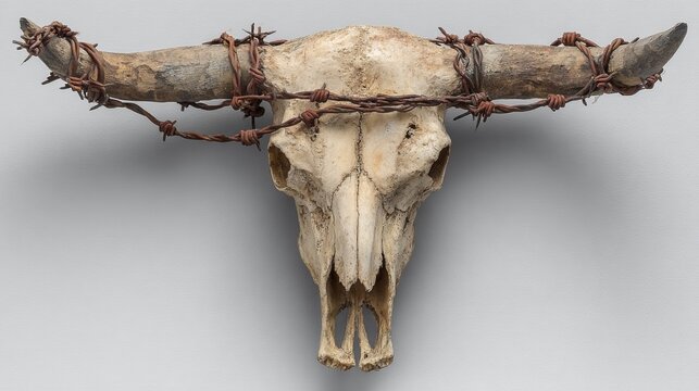 Longhorn skull with extra wide horns wrapped in barbed wire on white background, detailed rustic cattle head, western decor and ranch animal concept, realistic isolated skull illustration for design