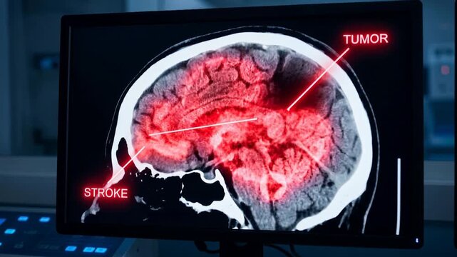 CT brain scan image with glowing red highlights indicating stroke and tumor regions, 4K video