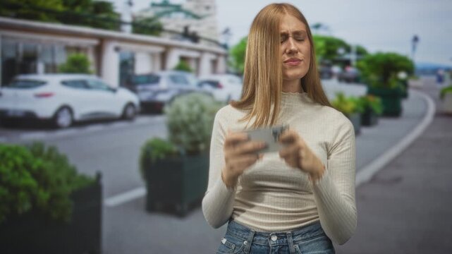 Woman holds smartphone with both hands and grimaces while checking screen on street; frustration tech trouble.
