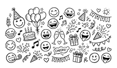 Fototapeta premium Hand Drawn Celebration Icons and Emoticons Vector Set Festive Party Doodle Collection